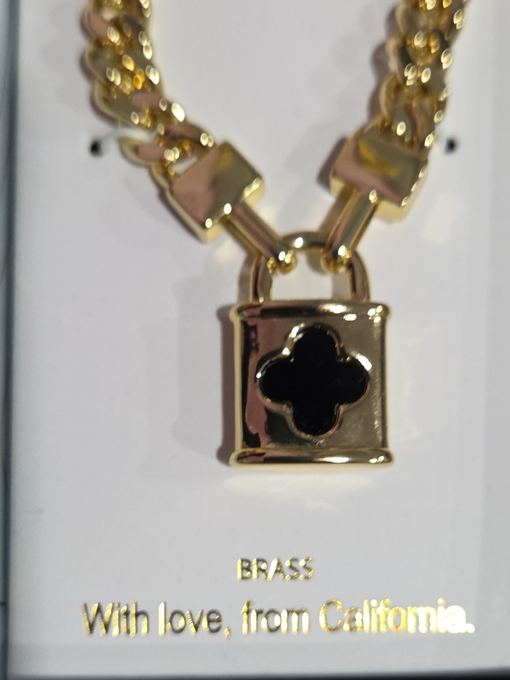 eye candy Gold Padlock Necklace with Black Quatrefoil